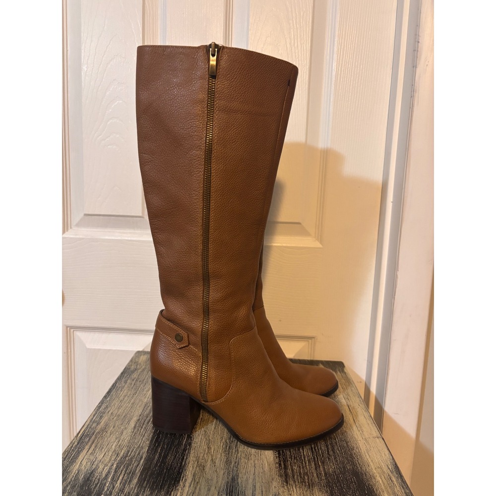Franco Sarto Womens Cognac Pebbled Leather Knee High Block Heel Boots Size 9.5M